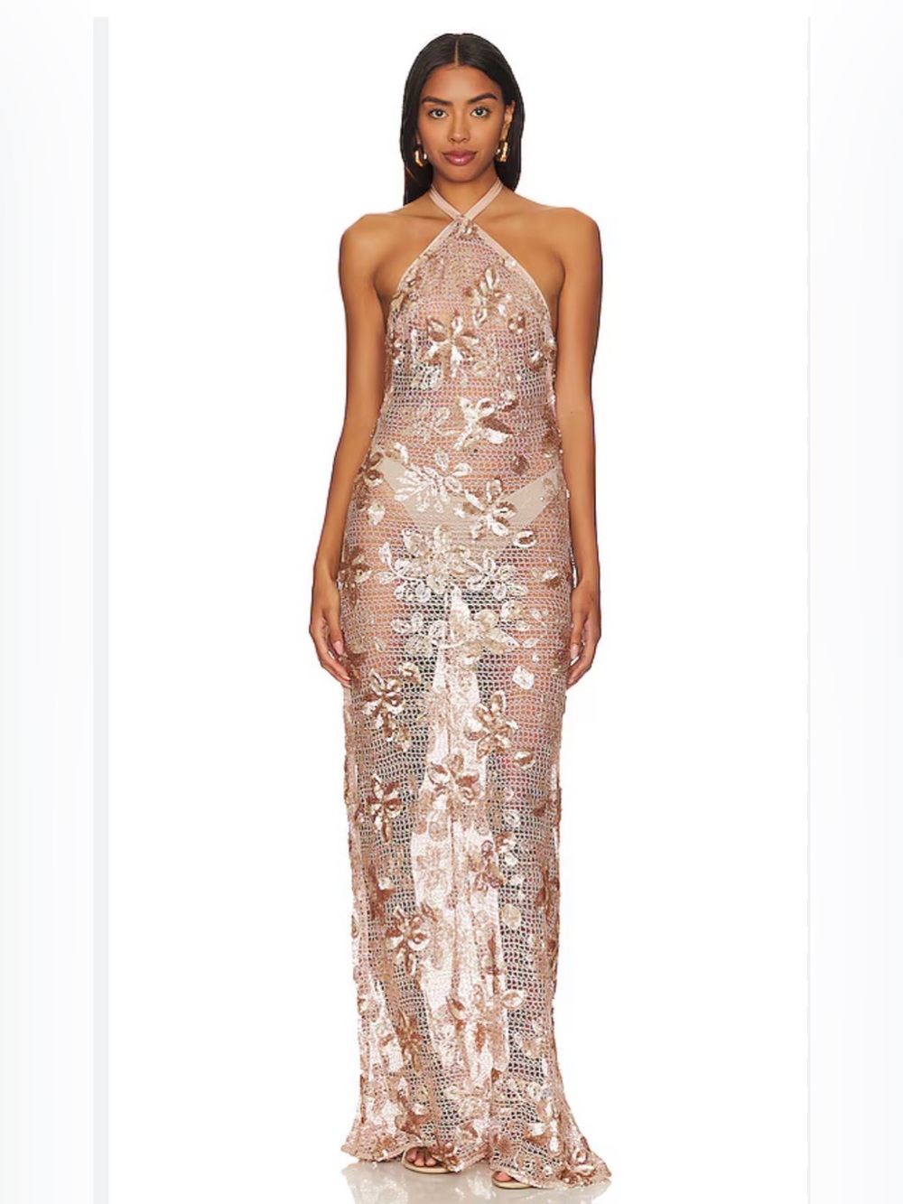 NWT Lovers + Friends Xena Floral Sequin Crochet Champage Maxi